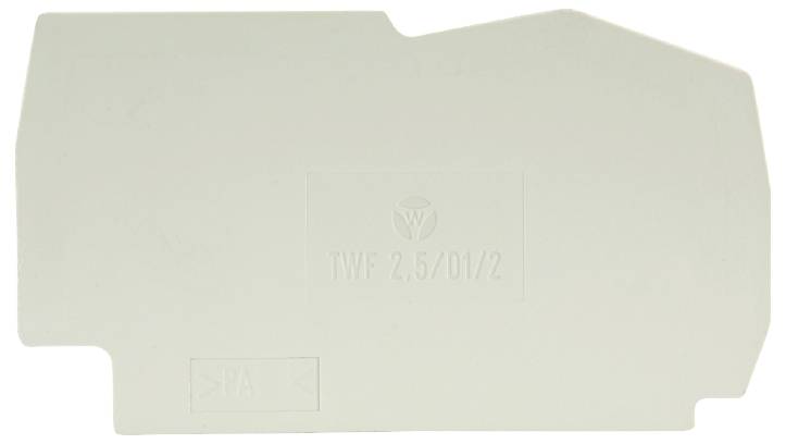 Eine graue Kunststoffplatte mit der Prägung 'TWF 2.5/D1/2' und einem Symbol in der Mitte.