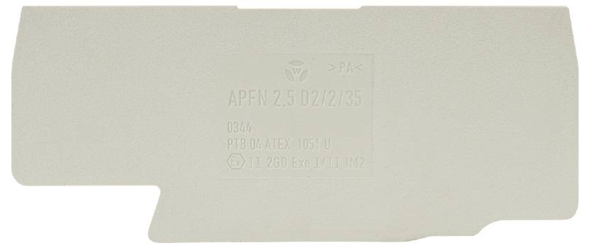 Weißes rechteckiges Etikett mit der Aufschrift 'APFM 2,5 D/2/2,35'. Enthält weitere technische Spezifikationen und Symbole.