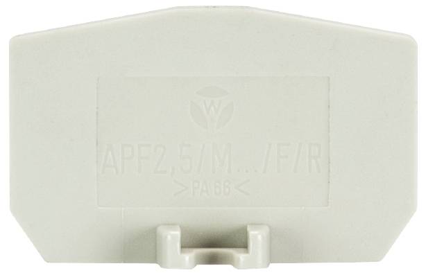 Beige Kunststoffteil mit geprägtem Text 'APF2,5/M…/F/R PA66'.