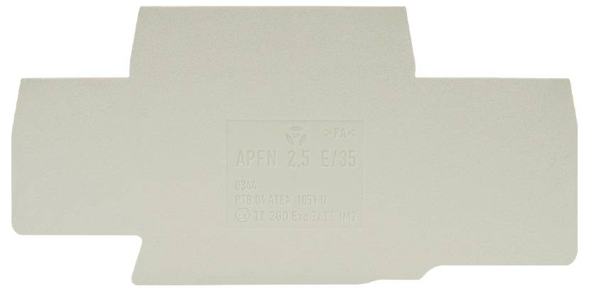 Ein graues Kunststoffteil, rechteckig, mit Aussparungen an den Enden. Darauf sind die Zahlen '2,5' und 'E/35' sichtbar.