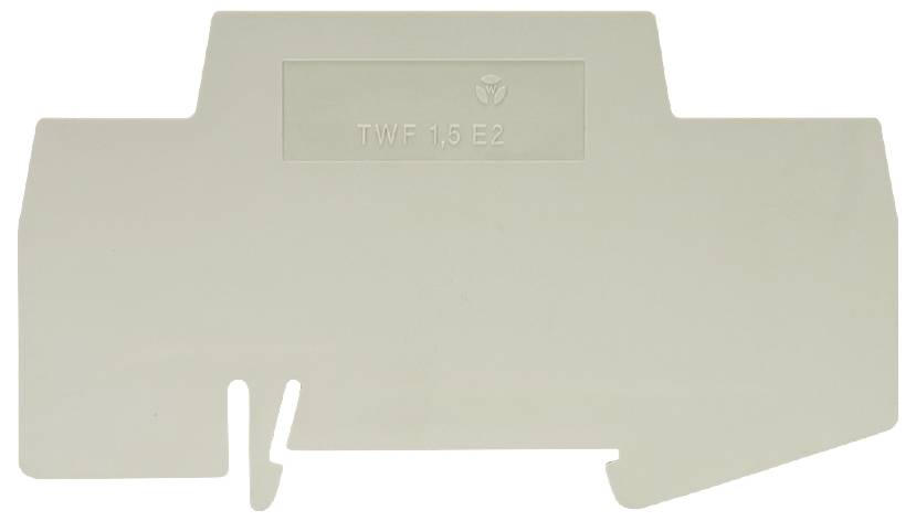 Ein graues Kunststoffteil mit der Prägung 'TWF 15 E2', wahrscheinlich eine Terminalmarkierung oder Trennplatte für Elektroinstallationen.