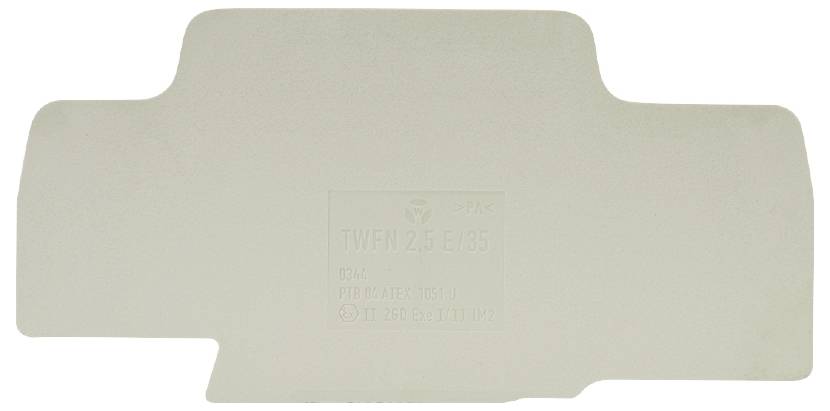 Weiße Kunststoffabdeckung mit geprägten technischen Spezifikationen in der Mitte.