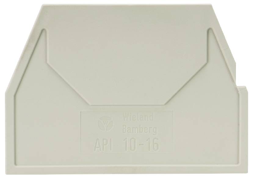 Graue Kunststoffplatte mit geprägtem Text 'Wieland Bamberg API 10-16', genutzt zur Befestigung oder Abdeckung in elektrischen Anwendungen.