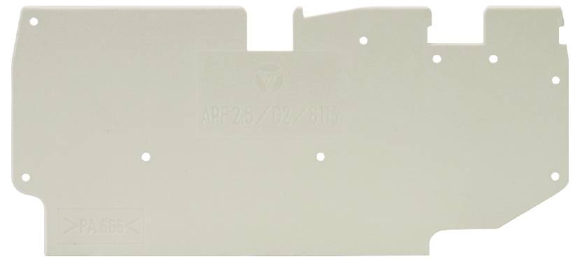 Weiße Kunststoffabdeckung mit mehreren Löchern und einem vertieften Logo in der Mitte. Sie wird als Einsatz in elektrischen Geräten verwendet.