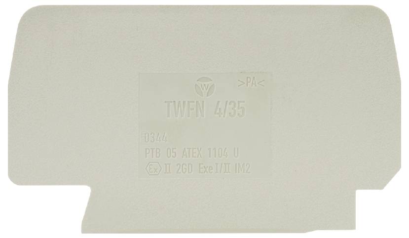 Graue Kunststoffabdeckung mit eingeprägter Beschriftung: 'TWFN 4/35', '0344', 'PTB 05 ATEX 1104 U', 'II 2GD Ex e II/II M2'.