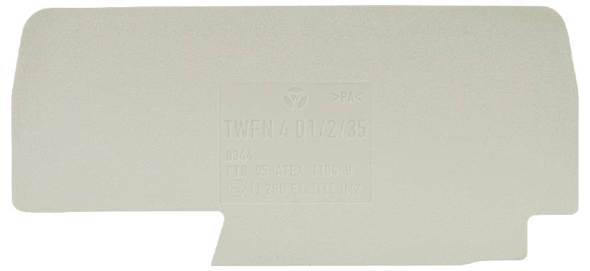 Graues Kunststoffteil mit Prägung: 'TWFN 4 D 102/35', Seriennummer und weitere technische Details, möglicherweise ein Bauteilteil.