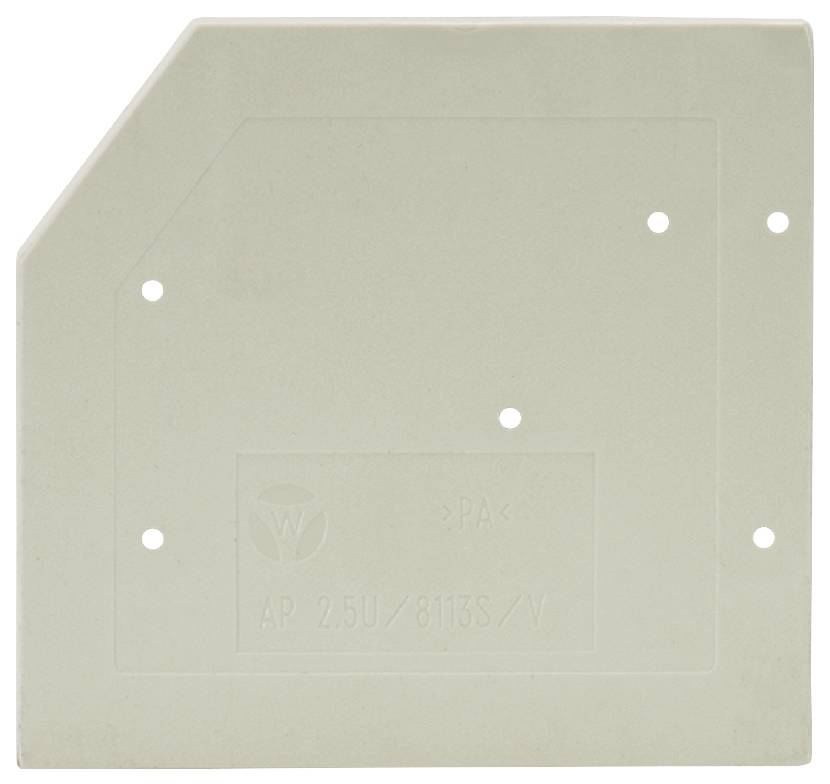 Beigefarbene Kunststoffplatte mit abgeschrägten Ecken und mehreren Löchern. Eingravierte Markierungen und Symbole in der Mitte.