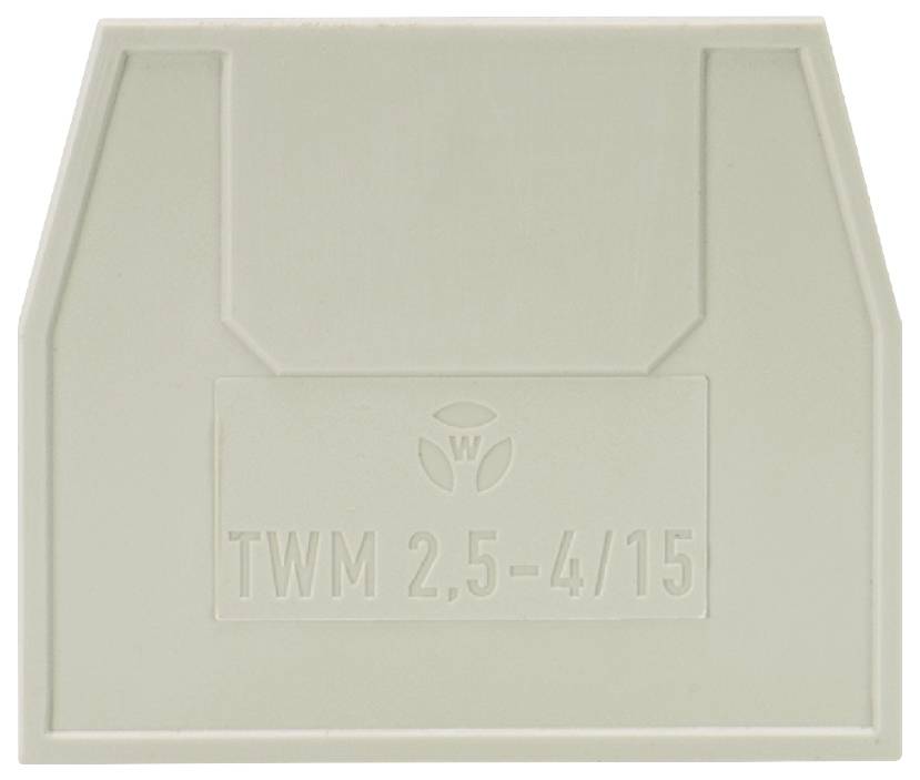 Ein hellgraues Kunststoffteil, rechteckig, leicht erhaben, mit der Aufschrift 'TWM 2,5-4/15' und einem stilisierten 'W'-Logo in der Mitte.