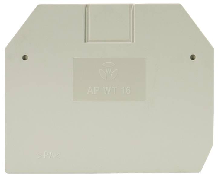 Graues, rechteckiges Kunststoffteil mit der Prägung 'AP WT 16' und zwei seitlichen Löchern.