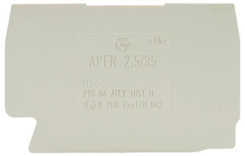Ein graues Kunststoffteil mit der Aufschrift 'APFN 2,5/35', 'PTB 04 ATEX 1051 U', und Symbolen für Ex-Schutz.