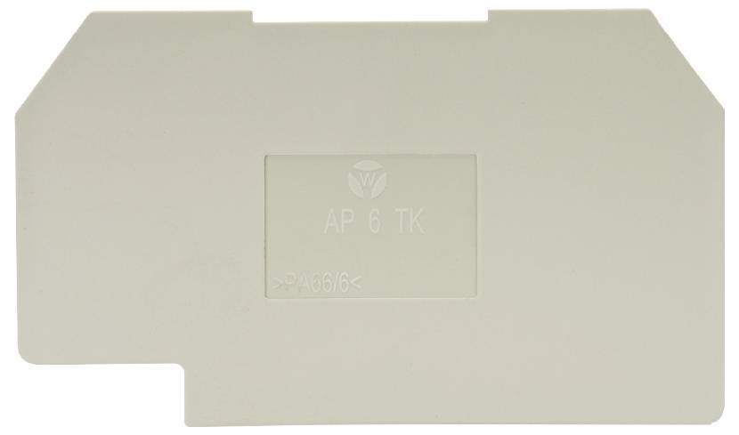 Eine graue Kunststoffplatte mit der Aufschrift 'AP 6 TK' und kleineren Markierungen darunter.