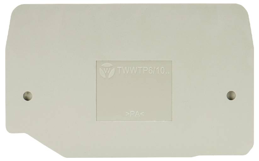 Ein rechteckiges, cremefarbenes Kunststoffteil mit abgerundeten Ecken und zwei seitlichen Löchern. Im Zentrum steht 'TWWTP6/10'.