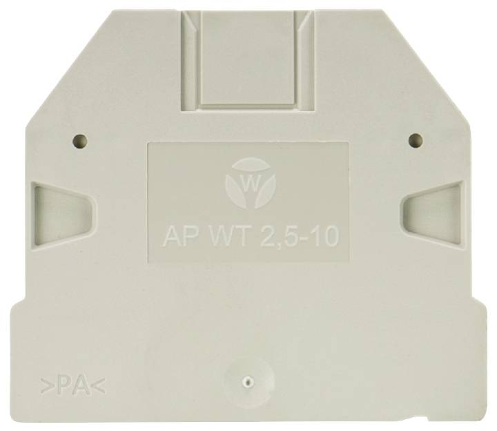 Blau-graues Kunststoffteil mit der Aufschrift 'AP WT 2,5-10', womöglich eine Abdeckung oder ein Bauteilverbinder in einem technischen Zusammenhang.