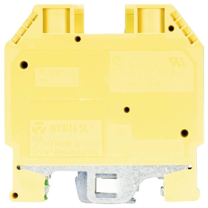 Ein gelbes elektrisches Komponentenmodul mit Beschriftung 'WKN16 SL', seitlich montierbar, für industrielle Anwendungen.