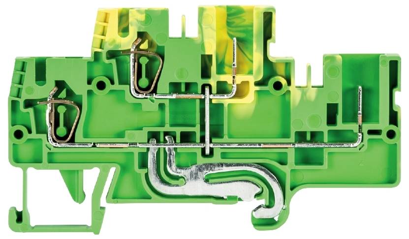Ein grüner elektronischer Steckverbinder mit komplexem innerem Leiterweg. Enthält Metallkontakte und ist zur elektrischen Verbindung gedacht.