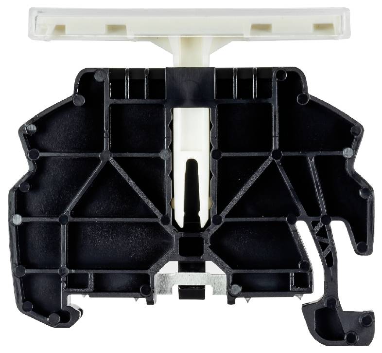 Ein schwarzes, komplex geformtes Kunststoffbauteil mit einem weißen, T-förmigen Element oben befestigt, auf weißem Hintergrund.