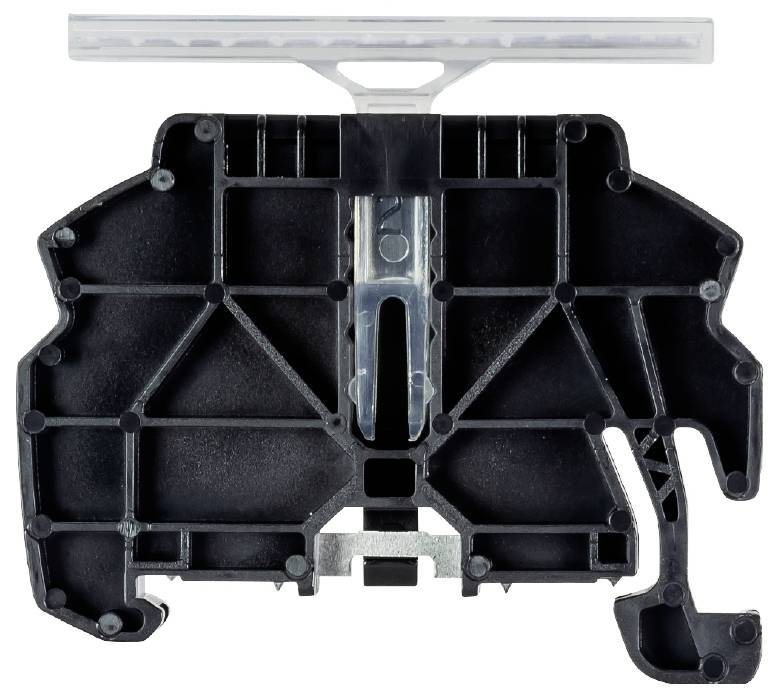 Ein schwarzes Kunststoffteil mit Metallkomponente in der Mitte, möglicherweise ein Bauteil. Oben ein durchsichtiges Element.