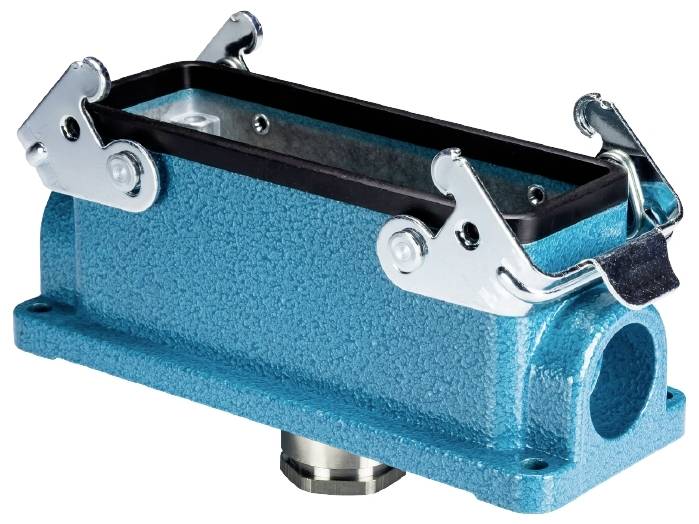 Metallischer rechteckiger Steckverbinder-Gehäusekörper in Blau mit silbernen Verschlussklemmen, seitlicher Kabelzugang.