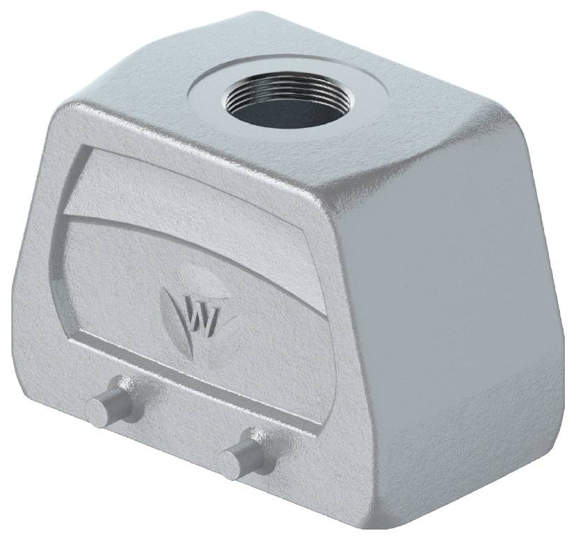 Metallisches Schutzelement mit Gewindeloch und zwei hervorstehenden Schraubanschlüssen vorne; Funktion und Zweck unbekannt.
