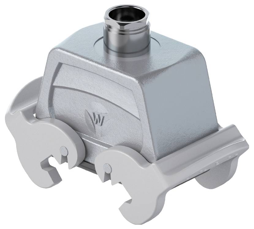 Metallischer Steckverbinder mit zylindrischem Anschluss und Greifarmen an der Basis. Geeignet für industrielle Anwendungen.