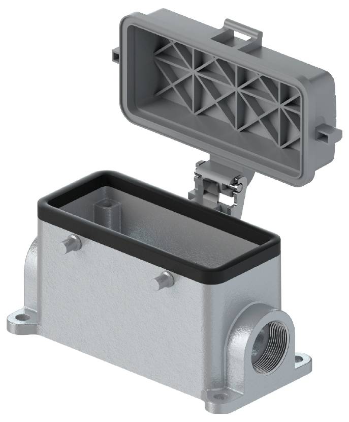 Rechteckige Metallsteckdose mit abnehmbarem Deckel, offen. Geeignet für industrielle Anwendungen, robustes Design mit seitlichem Gewinde.