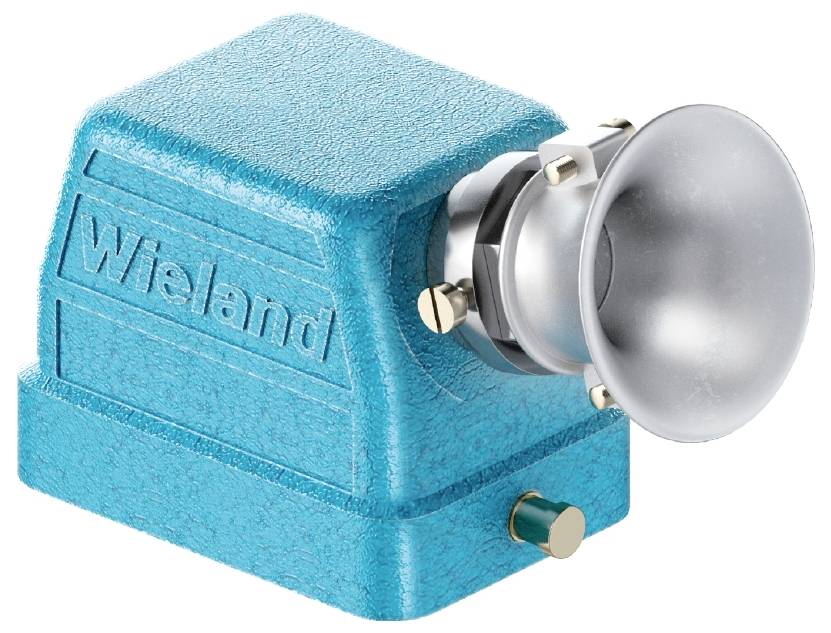 Ein blauer elektrischer Signalgeber mit einem metallischen Lautsprecher, auf dem Gehäuse der Schriftzug 'Wieland'.