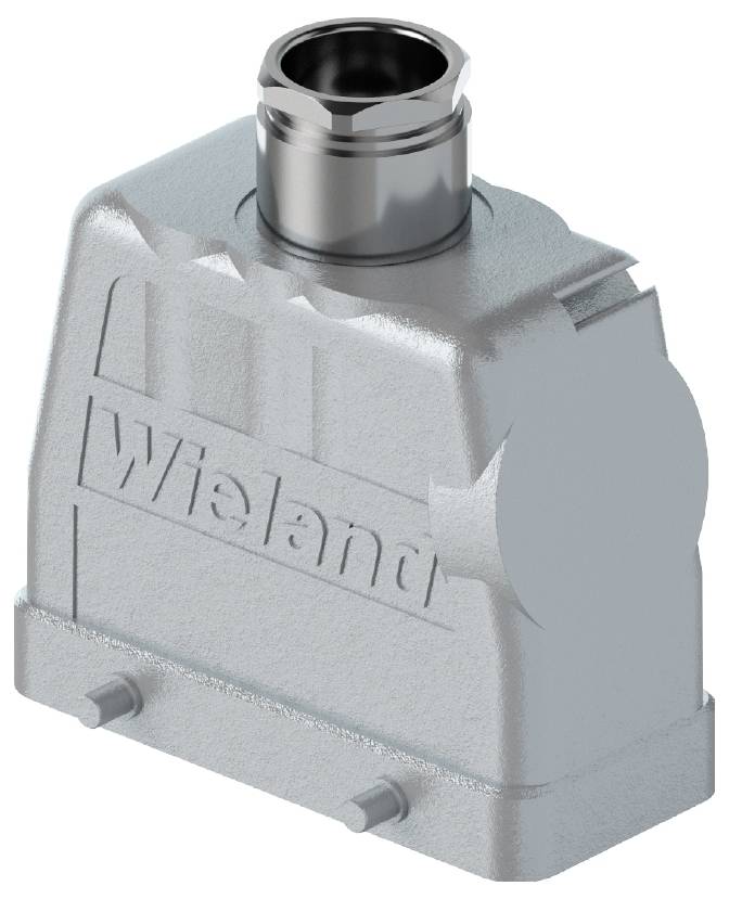 Ein silbernes Metallgehäuse mit der Aufschrift 'Wieland', oben ein rundes Anschlussstück.