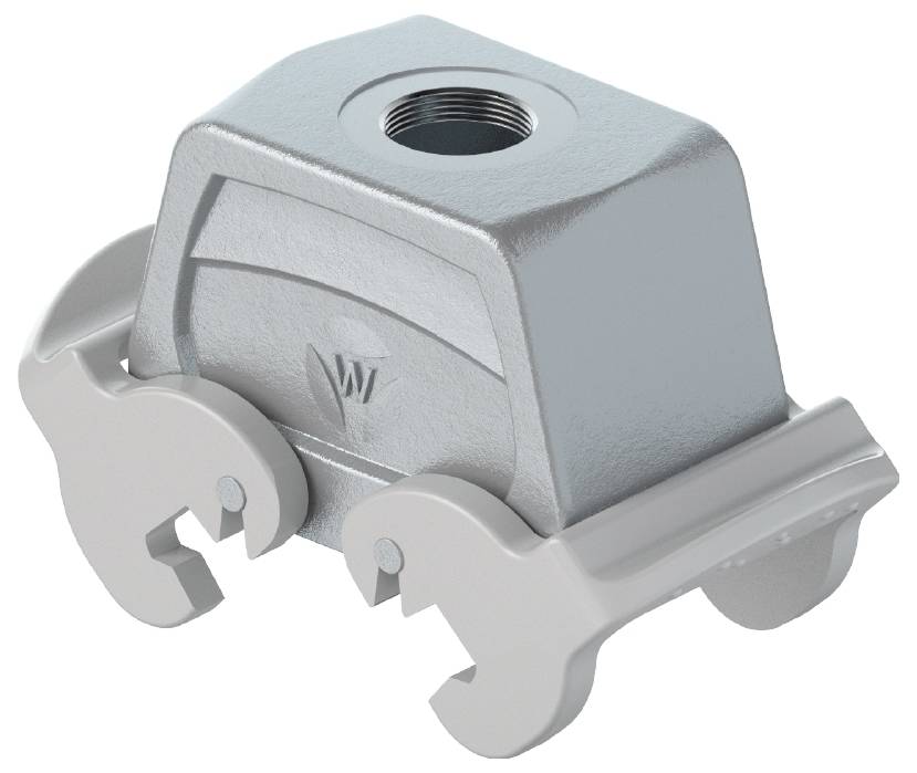 Ein silbernes mechanisches Bauteil mit einem Gewinde oben und zwei seitlichen Klemmen, das aussieht wie ein montierbarer Halter.