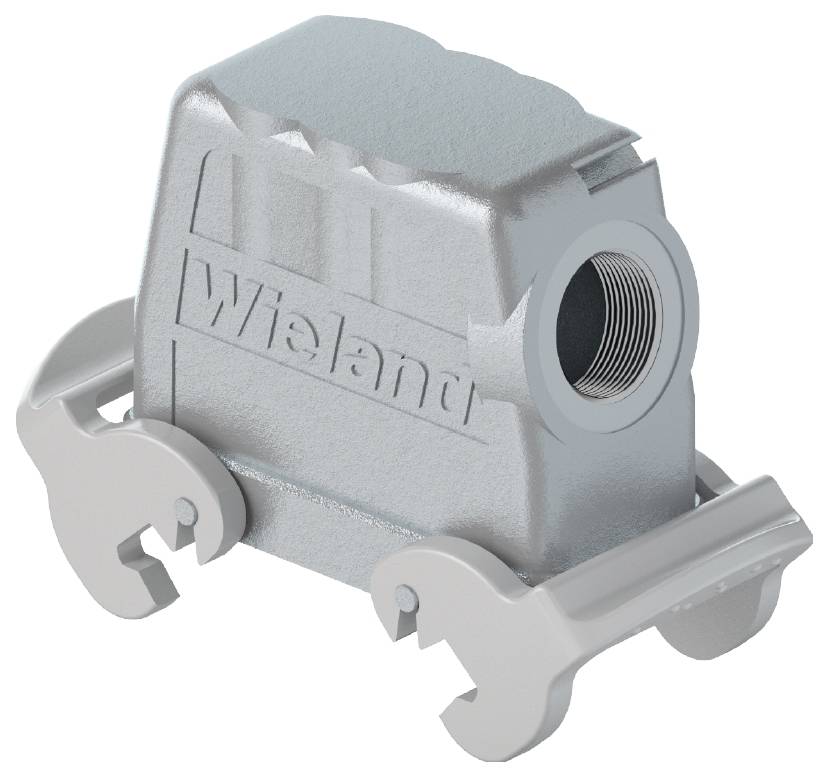 Metallisches elektrisches Gehäuse mit seitlichen Befestigungsclips, markiert mit 'Wieland'.