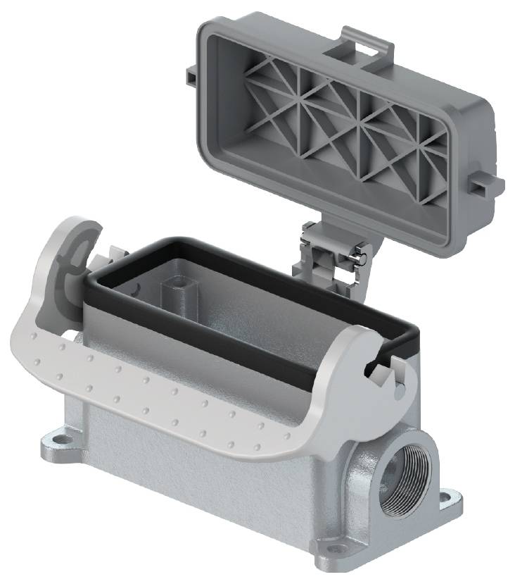Eine graue, kastenförmige Metallverbindung mit offenem Deckel, geeignet für industrielle Anwendungen und sichernden Verschlüssen.