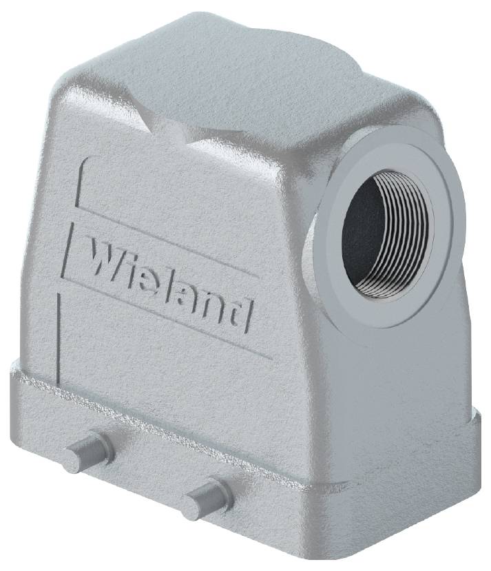 Grauem Metallgehäuse mit rechteckiger Form und runder Kabelöffnung. Aufschrift 'Wieland' auf der Vorderseite.
