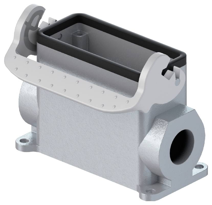 Metallisch-kastenförmiges Bauteil mit rechteckiger Öffnung und drehbarem Griff, möglicherweise Teil eines mechanischen Geräts.