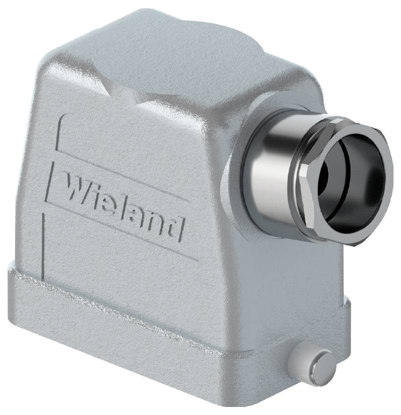 Grauer elektrischer Gehäuseanschluss mit zylindrischem Metallgewinde. Aufschrift 'Wieland' auf der Seite.