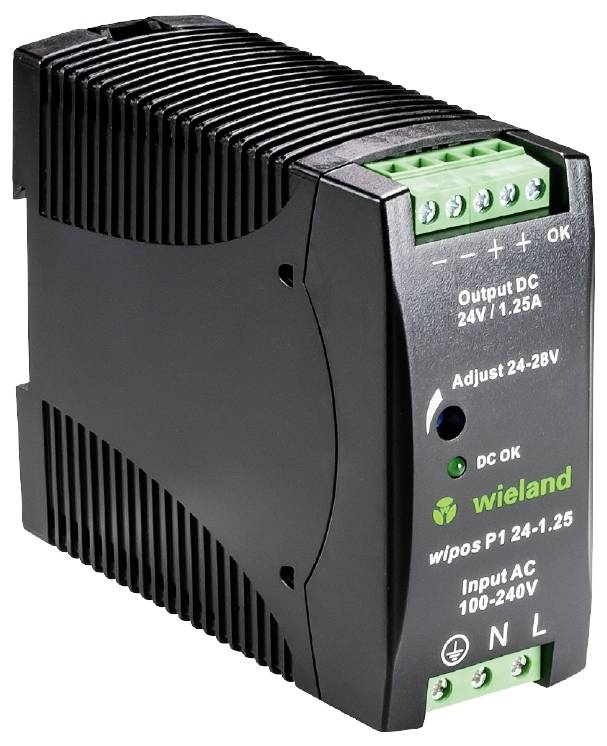 Schwarzes Netzteil-Modul von Wieland mit grünen Anschlüssen. Beschriftet mit 'Output DC 24V/1.25A' und 'Input AC 100-240V'.