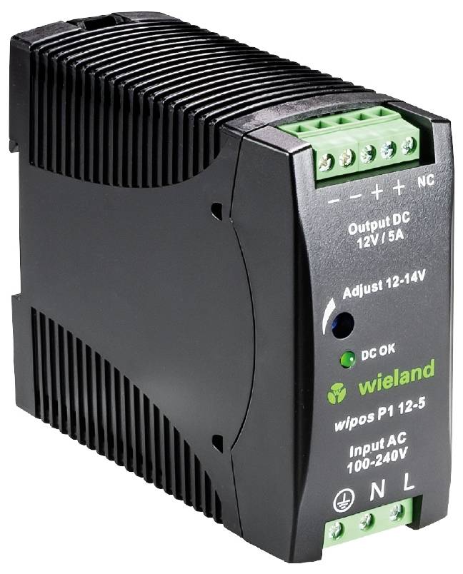 Ein schwarzes elektrisches Stromversorgungsgerät, das 12V und 5A Gleichstrom ausgibt. Anschlüsse oben, Marke Wieland.