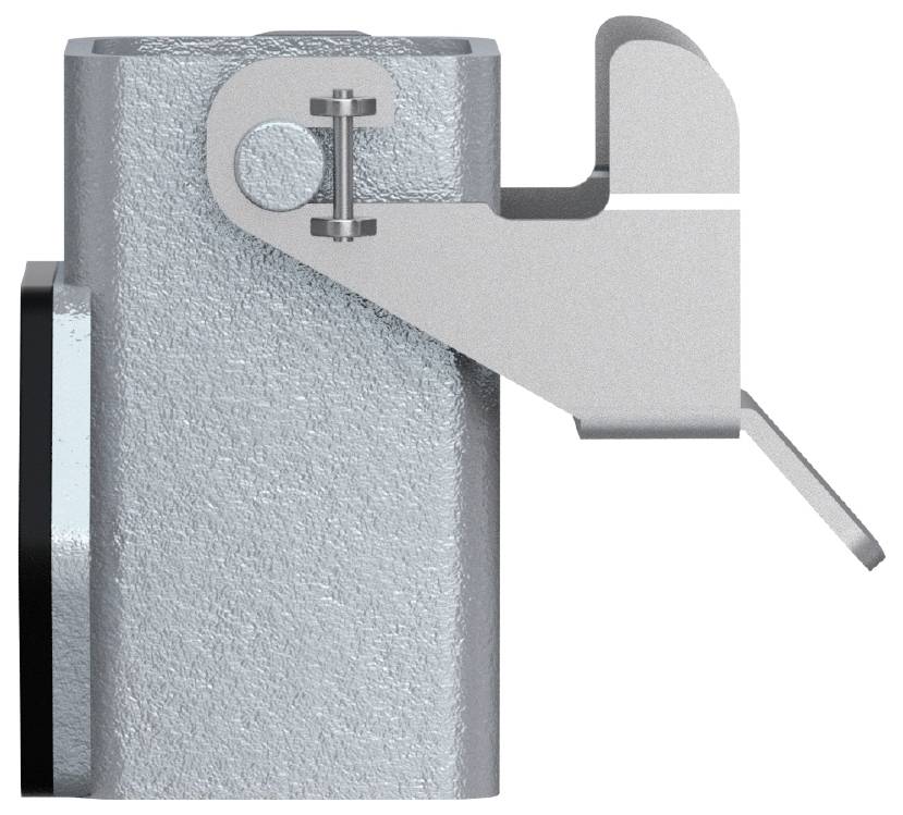 Metallisches Bauteil mit einem zylindrischen Körper und seitlichem Gelenkarm. Verwendet zur mechanischen Verbindungen.