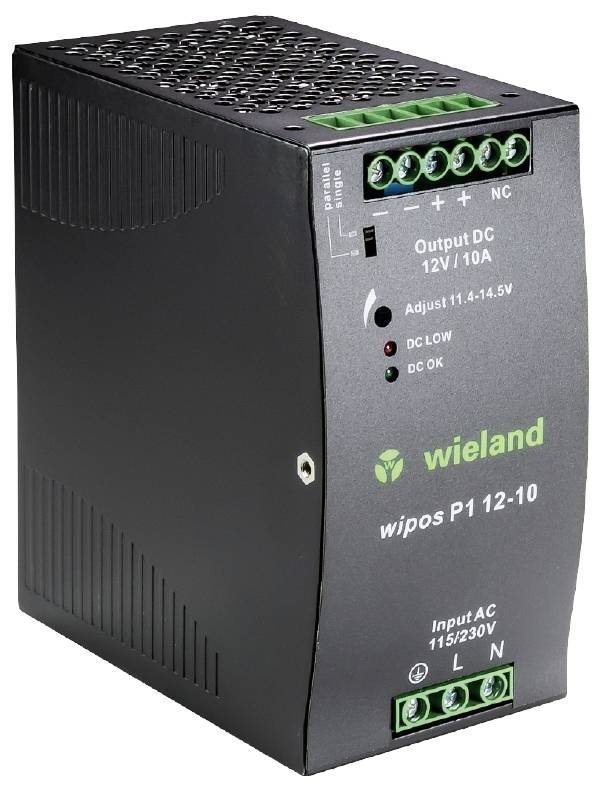 Schwarzes Netzteil von Wieland mit grünen Anschlüssen und Beschriftung 'wipos P1 12-10'. Bietet Ausgang DC: 12V / 10A.