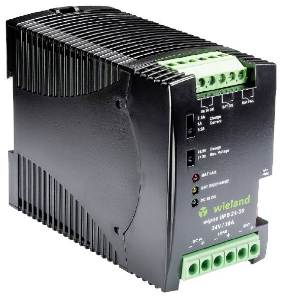 Schwarzes elektrisches Gerät mit grünen Anschlüssen und Aufschrift 'Wieland wiDOS UPS 24-30'. Zeigt mehrere Statusanzeigen.