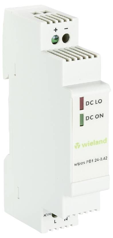 Elektronisches Gerät in Weiß, rechteckige Form, mit LED-Anzeigen 'DC LO' und 'DC ON'. Markenname 'Wieland' und Modell 'wipos PB1 24-0.42' erkennbar.