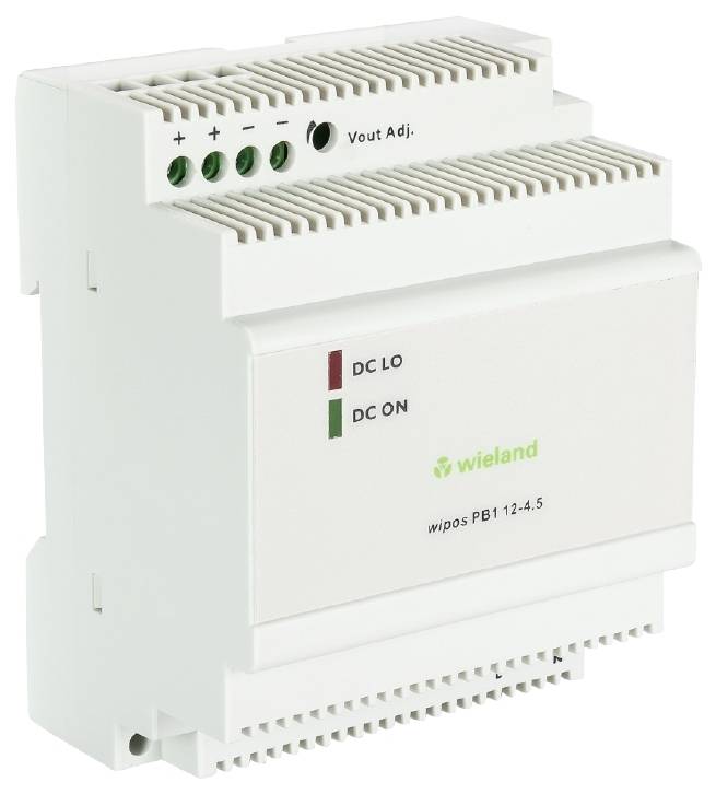Gehäuseter Netzteil mit Lüftungsschlitzen, Anschlussklemmen oben. Aufschrift 'wieland' und Statusanzeige mit LEDs: 'DC LO' und 'DC ON'.