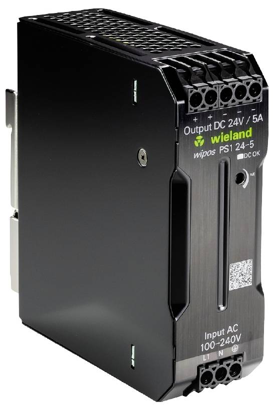 Ein schwarzes Schaltnetzteil mit Aufschrift 'Output DC 24V / 5A' und Markennamen 'wieland', Modell 'wipos PS1 24-5', für Spannungseingang AC 100-240V.