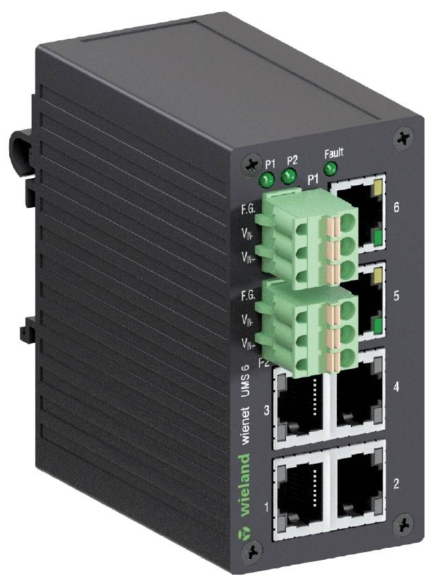 Industrie-Switch mit sechs Ethernet-Ports und zwei grünen Stromanschlüssen, geeignet für Netzwerkanwendungen in industriellen Umgebungen.