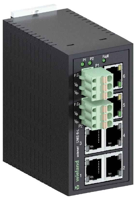 Ein schwarzer, rechteckiger Netzwerk-Switch mit mehreren Ethernet-Ports. Zwei grüne LEDs zeigen den Status, und zwei Kontrollleuchten sind daneben.