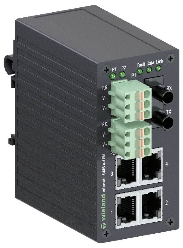 Industrieller Ethernet-Switch mit zwei Ethernet-Ports und Anschlussklemmen, geeignet für Datenübertragung in industriellen Netzwerken.