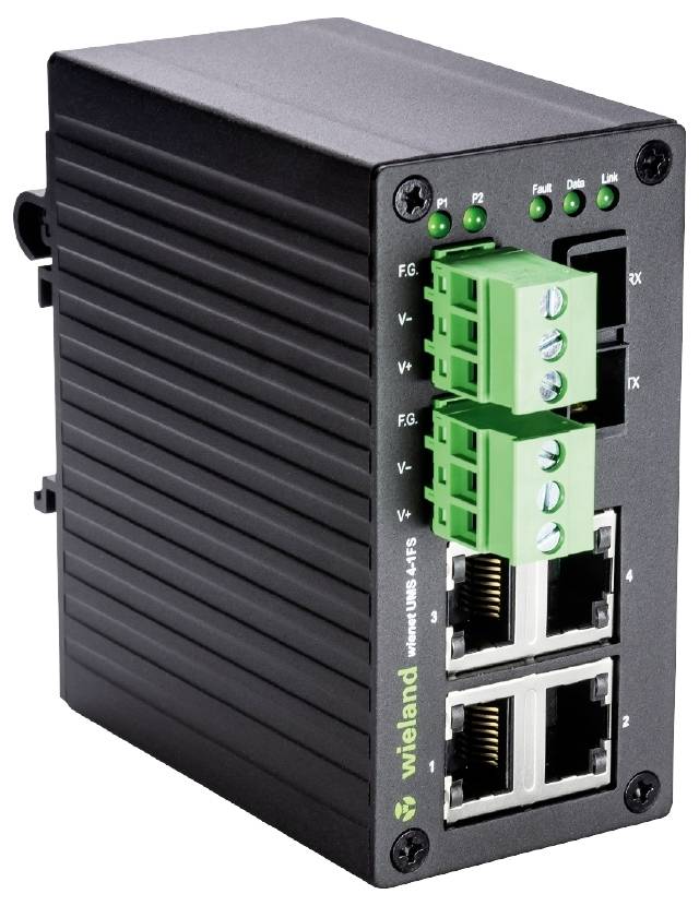Schwarzes, rechteckiges Netzwerkgerät mit grünen Anschlussklemmen und vier Ethernet-Ports, geeignet für industrielle Anwendungen.