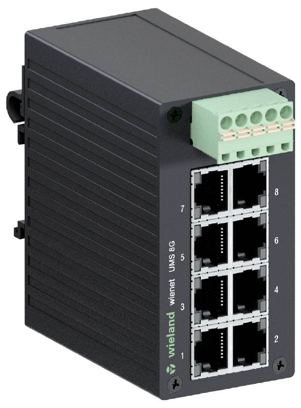 Ein schwarzer, industrieller Ethernet-Switch mit 8 RJ45-Ports für Netzwerkverbindungen und grüner Anschlussschnittstelle oben.