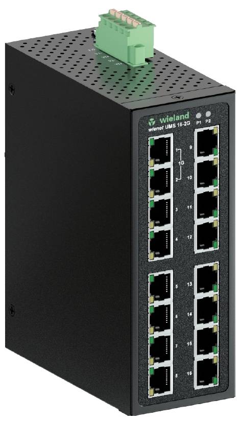 Ein schwarzer industrieller Ethernet-Switch mit 16 LAN-Anschlüssen und einem grünen Anschlussblock oben.