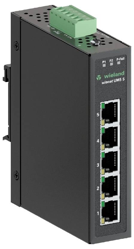 Ein schwarzer Ethernet-Switch 'wieland wienet UMS 5' mit fünf Netzwerkanschlüssen und grüner Terminalblock auf der Oberseite.