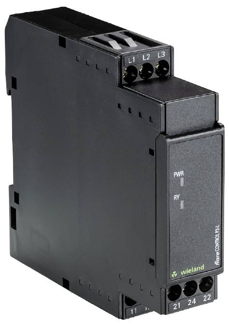 Elektrische Schalteinheit mit vier Anschlüssen, beschriftet mit L1, L2, L3, und erkennbarer Marke. Verwendet in elektrischen Systemen.