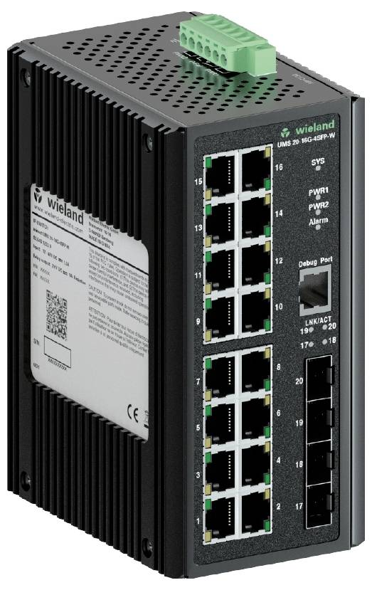 Industrie-Netzwerk-Switch mit 16 Ethernet-Ports und grüner Steckverbindung oben, passend für den Einsatz in komplexen Netzwerken.